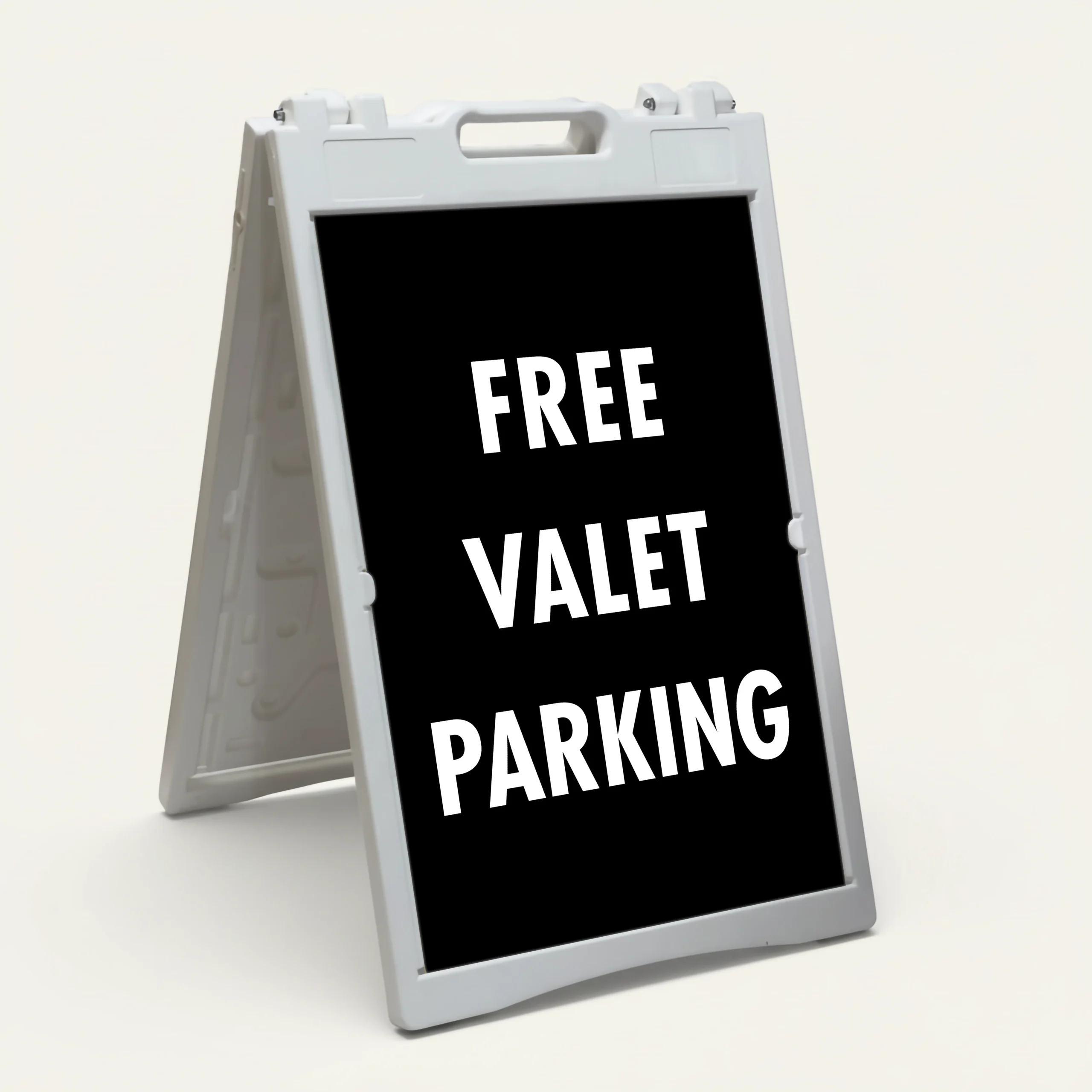 Free Valet Parking sign white text on black background high contrast