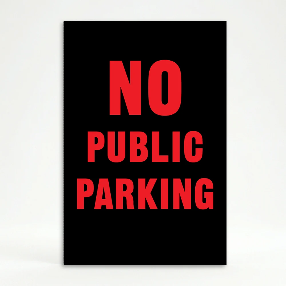 No Public Parking sign red text on black background
