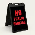 No Public Parking sign red text on black background