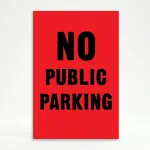 No Public Parking sign black text on red background