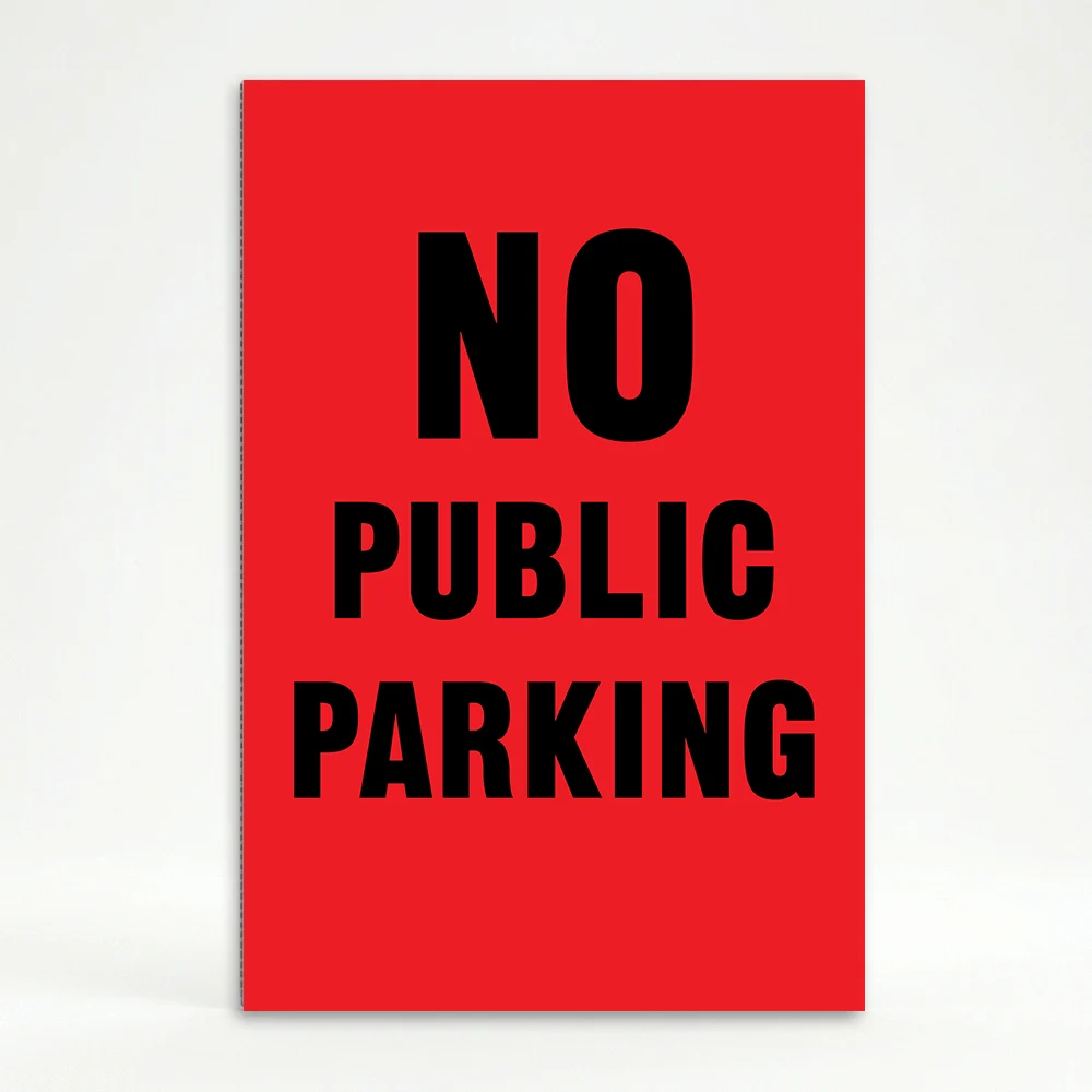 No Public Parking sign black text on red background