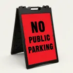 No Public Parking sign black text on red background