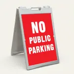 No Public Parking sign white text on red background