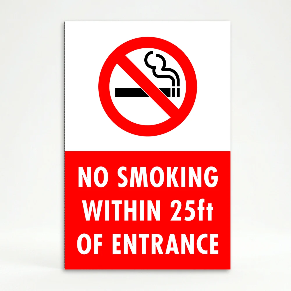 No Smoking Within 25 feet of entrance sign with red background and symbol