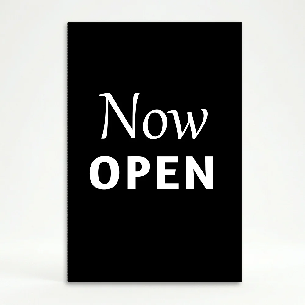 Now Open sign with black background and white text for A-frame display