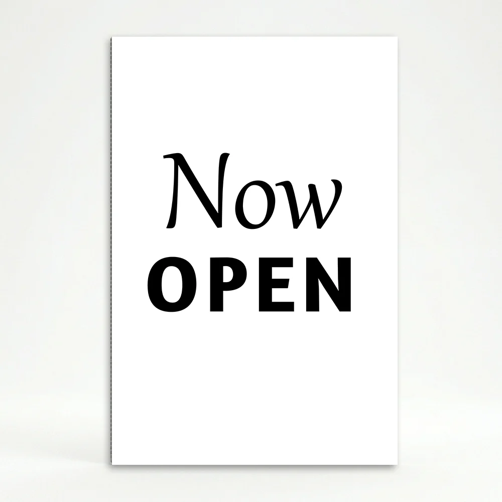 Now Open sign with white background and black text for A-frame display