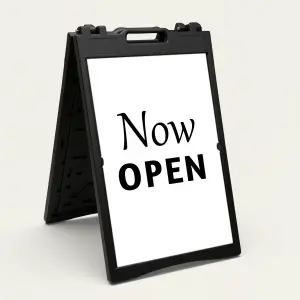 Now Open sign with white background and black text for A-frame display