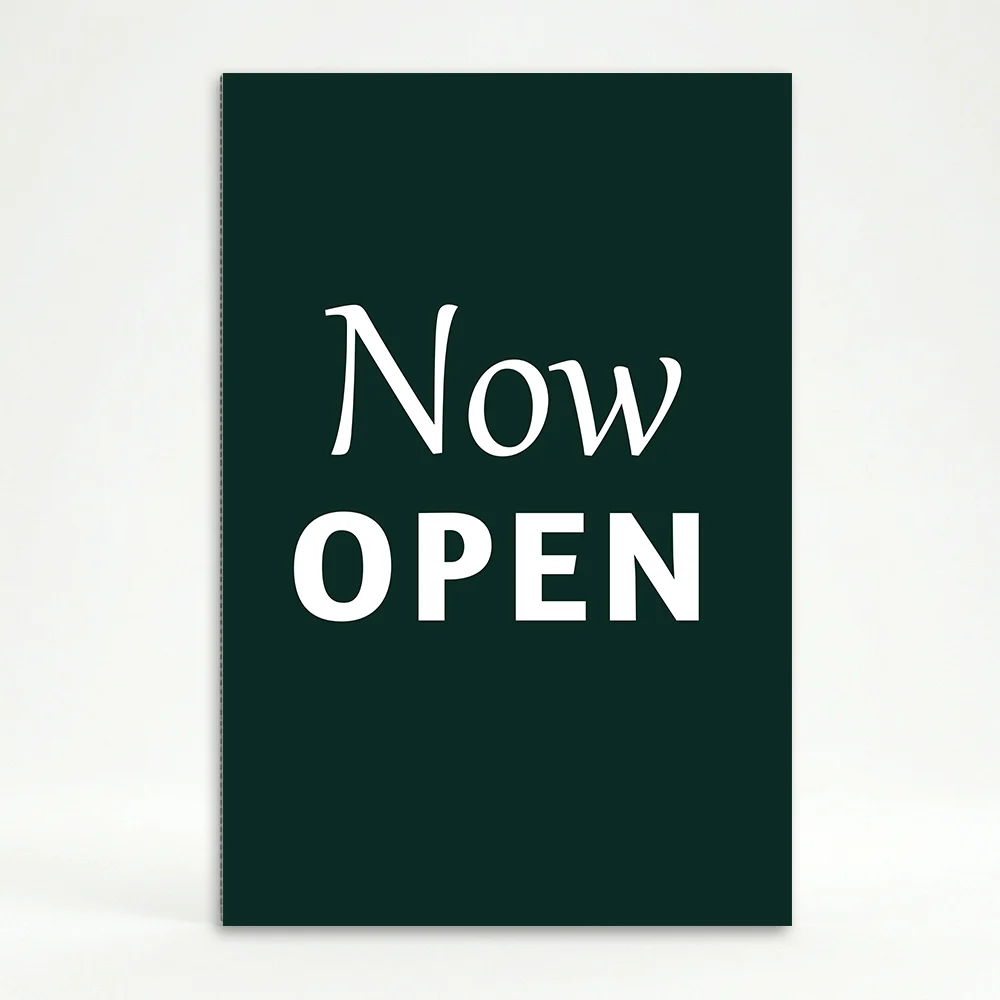 Now Open sign with dark green background and white text for A-frame display