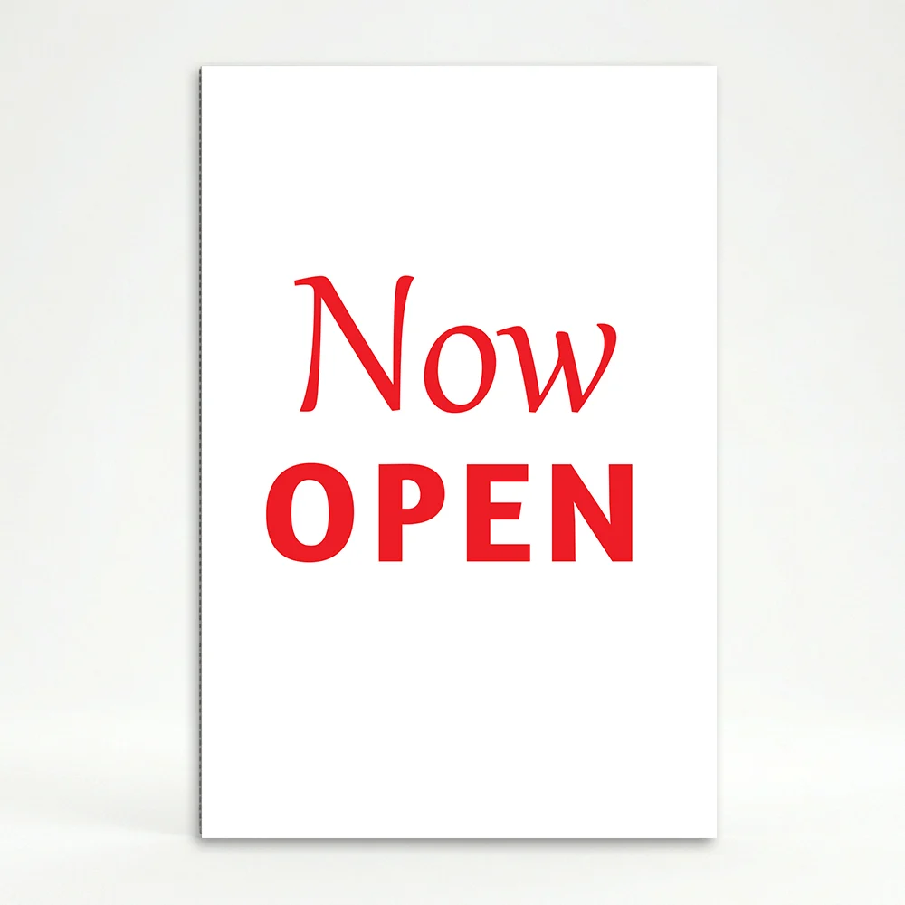 Now Open sign with white background and red text for A-frame display