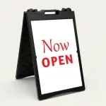 Now Open sign with white background and red text for A-frame display