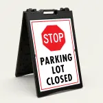 Parking Lot Closed sign with red STOP symbol and black text on white background