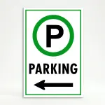 Parking sign with green circle P symbol and right-pointing arrow on white background