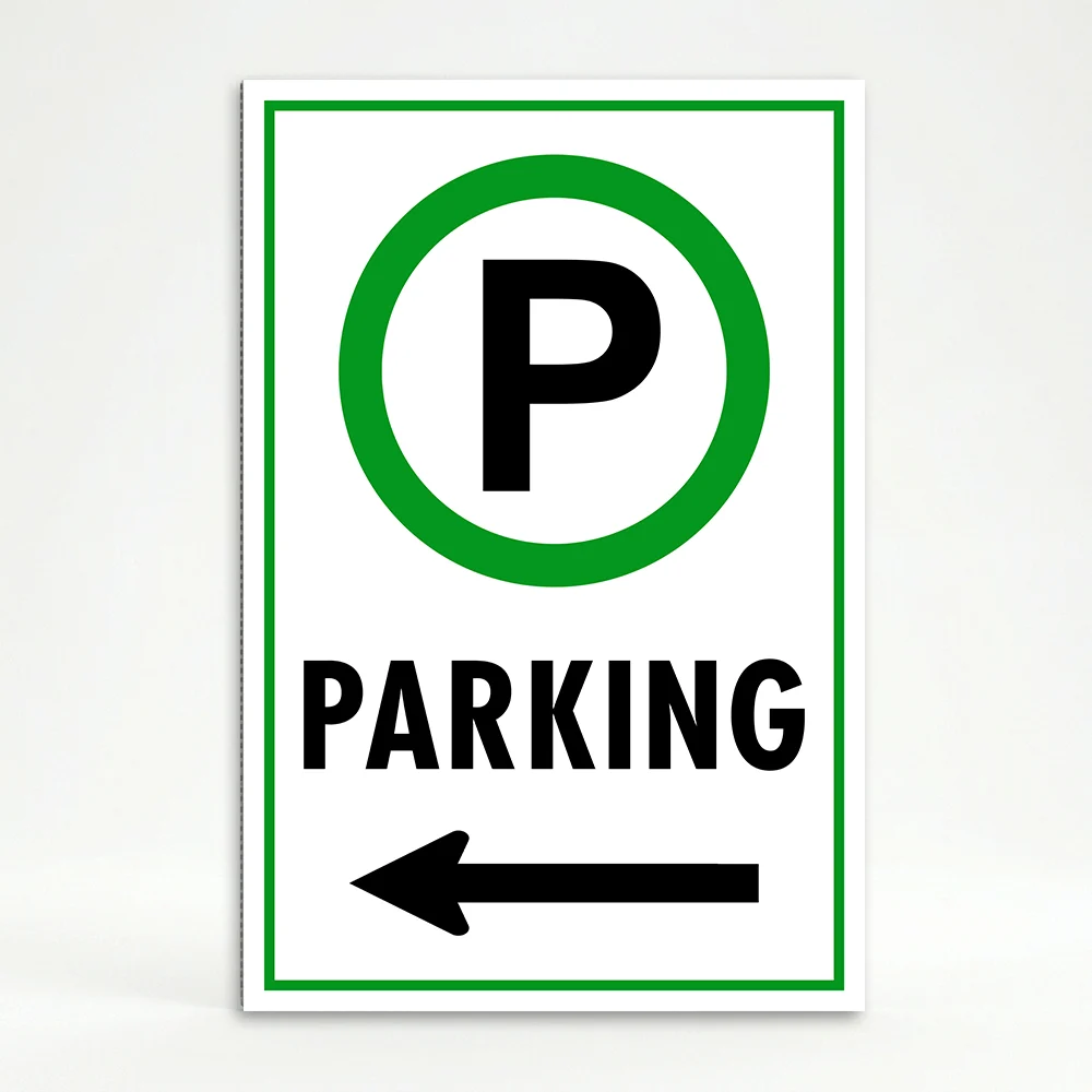 Parking sign with green circle P symbol and right-pointing arrow on white background