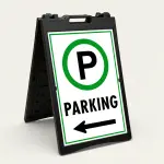 Parking sign with green circle P symbol and right-pointing arrow on white background