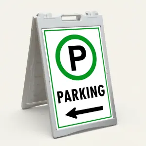 Parking sign with green circle P symbol and right-pointing arrow on white background