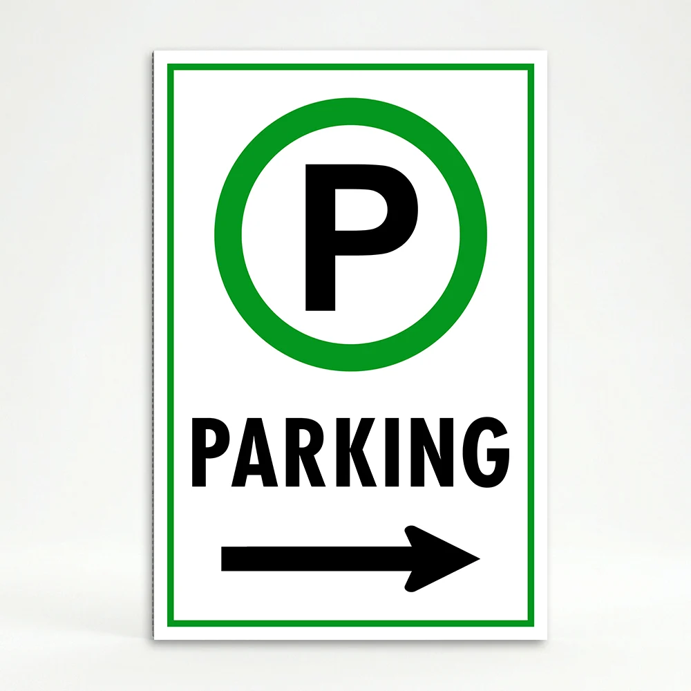Parking sign with green circle P symbol and left-pointing arrow on white background