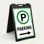 Parking sign with green circle P symbol and left-pointing arrow on white background