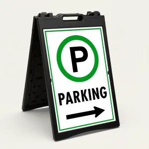 Parking sign with green circle P symbol and left-pointing arrow on white background