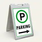 Parking sign with green circle P symbol and left-pointing arrow on white background