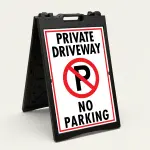 Private Driveway No Parking sign with red no-parking symbol and black text on white background