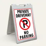 Private Driveway No Parking sign with red no-parking symbol and black text on white background