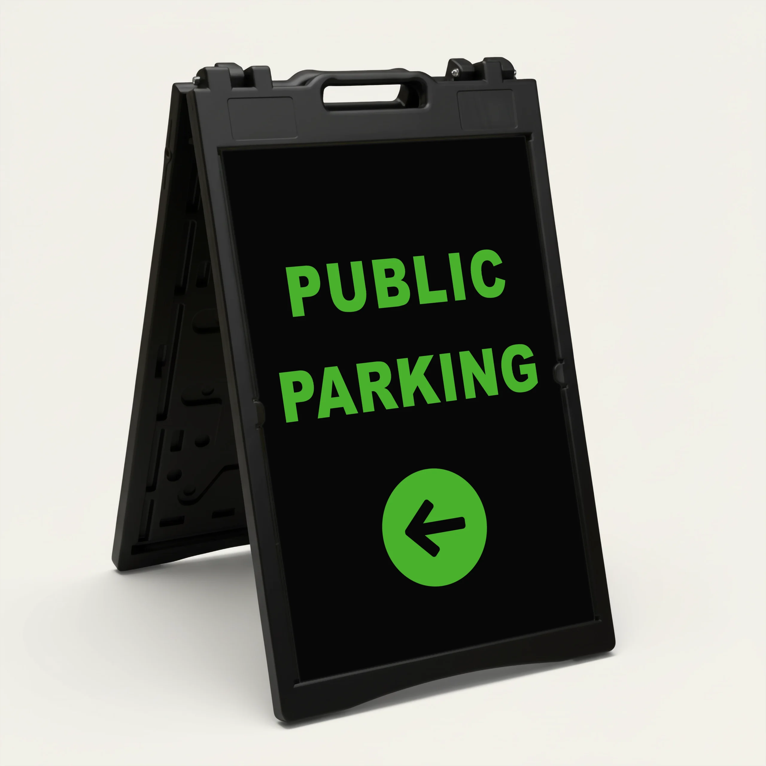 Public Parking sign with green text and left-pointing arrow on black background