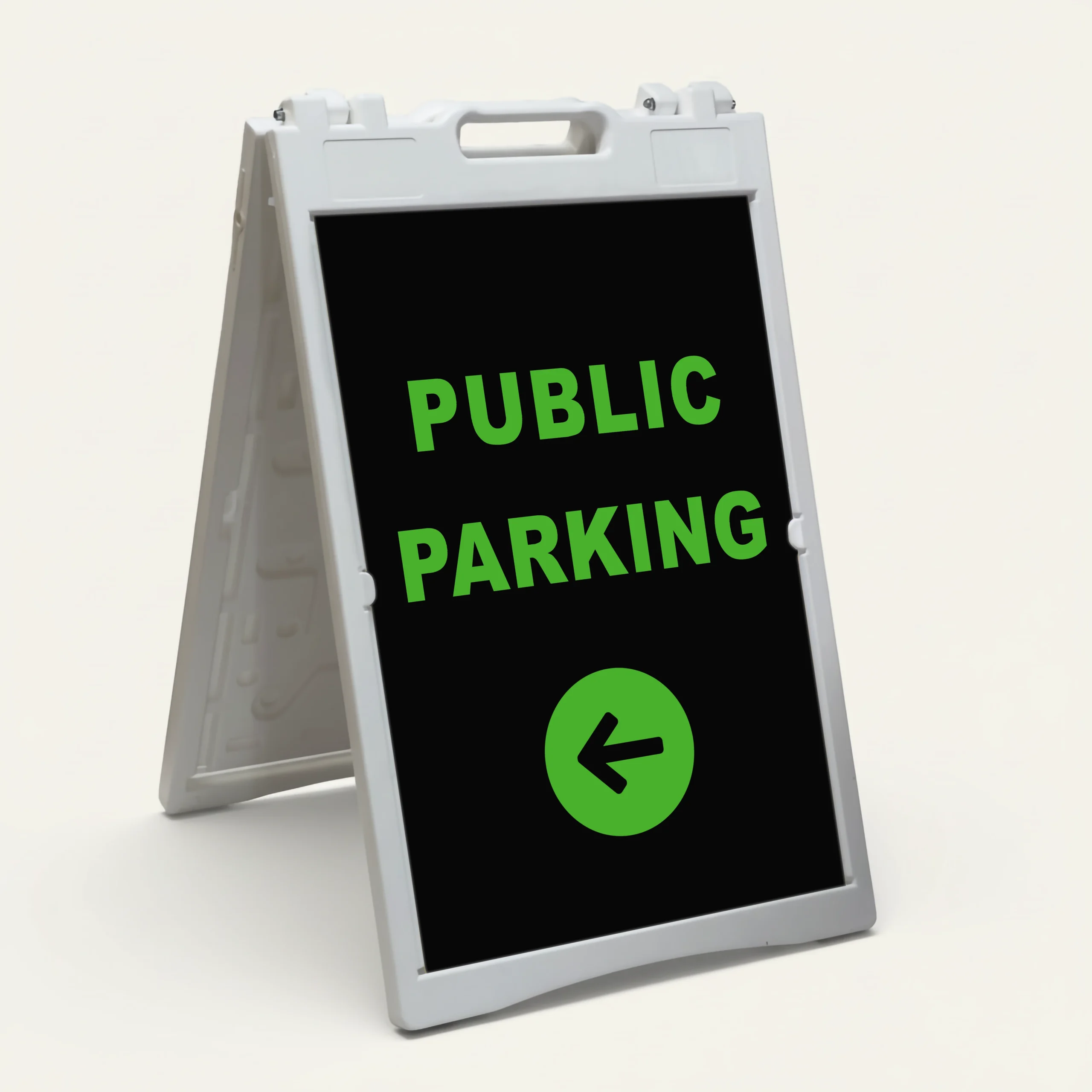 Public Parking sign with green text and left-pointing arrow on black background