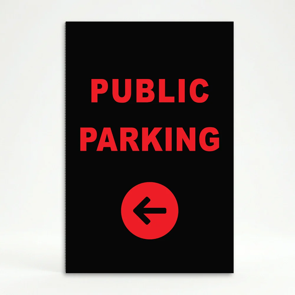 Public Parking sign with red text and left-pointing arrow on black background