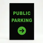 Public Parking sign with green text and right-pointing arrow on black background