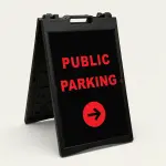 Public Parking sign with red text and right-pointing arrow on black background