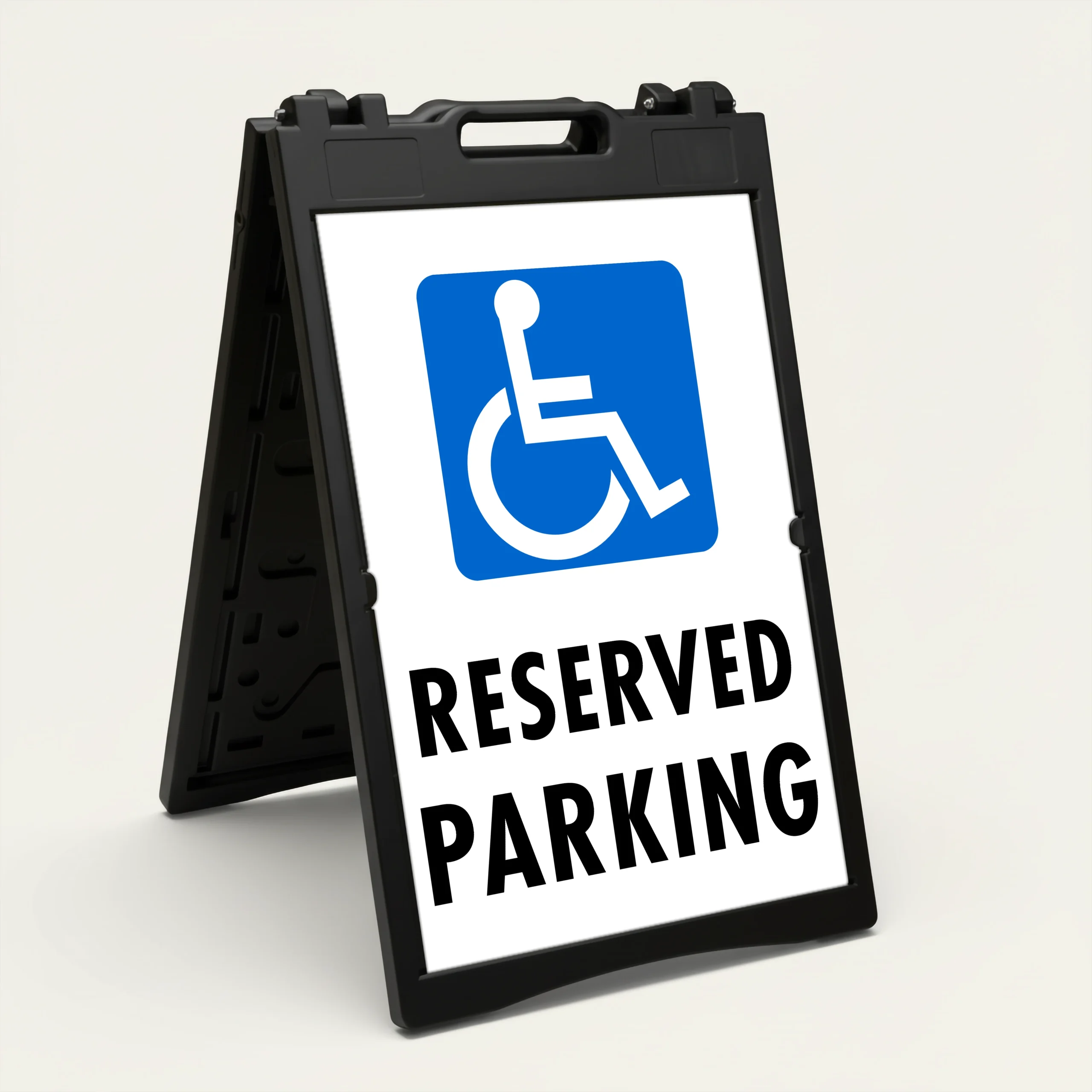 Handicap Reserved Parking sign with blue wheelchair accessibility symbol and black text on white background