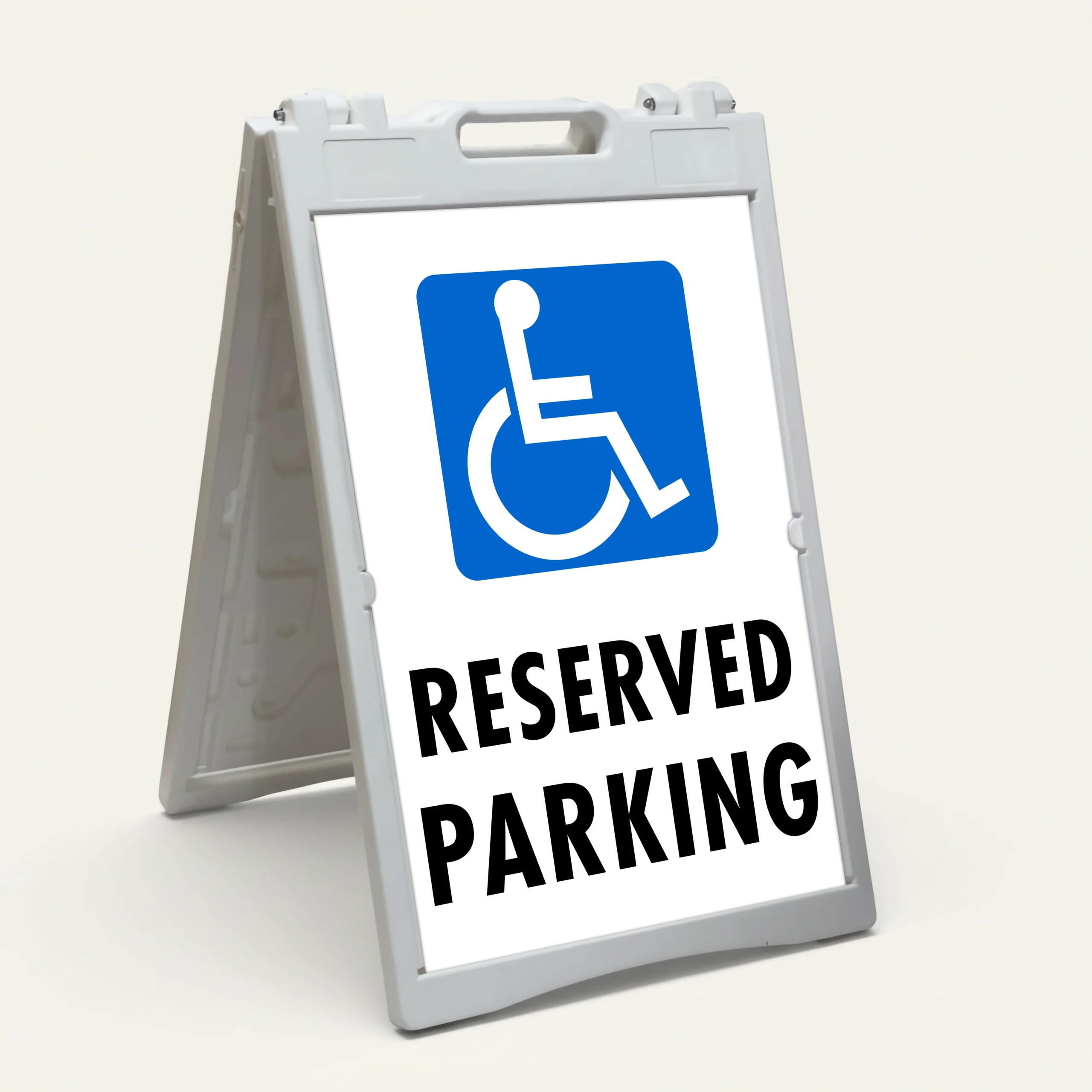 Handicap Reserved Parking sign with blue wheelchair accessibility symbol and black text on white background