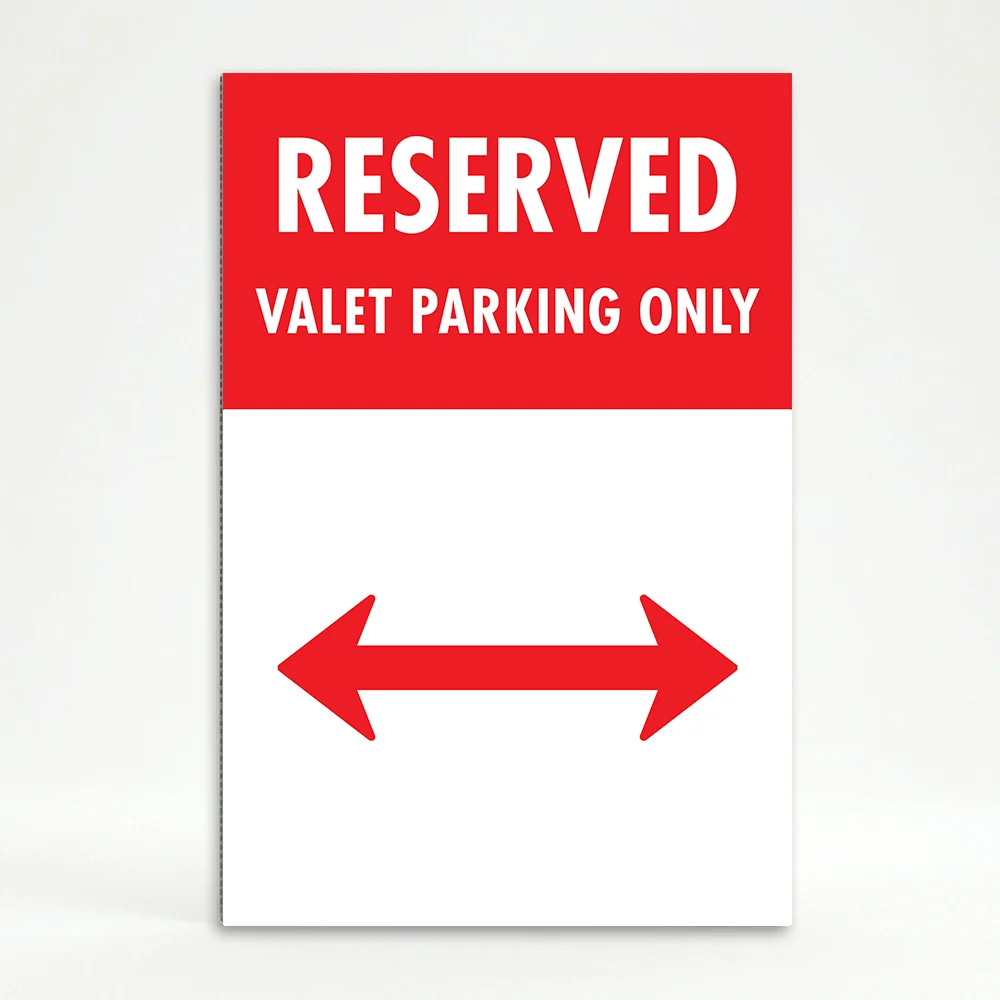 Reserved Valet Parking Only sign with red header white text and double-headed arrow