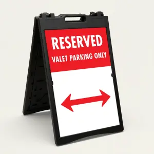 Reserved Valet Parking Only sign with red header white text and double-headed arrow