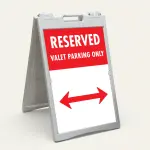 Reserved Valet Parking Only sign with red header white text and double-headed arrow