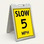 Slow 5 MPH speed limit sign with bold black text on yellow background
