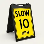 Slow 10 MPH speed limit sign with bold black text on yellow background