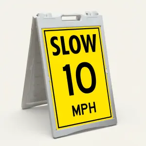 Slow 10 MPH speed limit sign with bold black text on yellow background