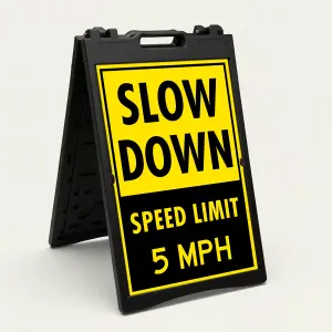 Slow Down Speed Limit 5 MPH sign with yellow and black two-section design