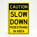 Caution Slow Down Pedestrians in Area sign with yellow and black two-section design