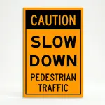 Caution Slow Down Pedestrian Traffic sign with bold black text on orange background