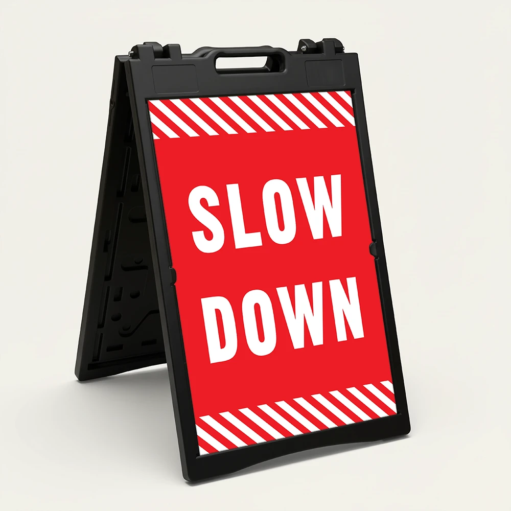 Slow Down sign with white text on red background and diagonal red and white hazard stripes
