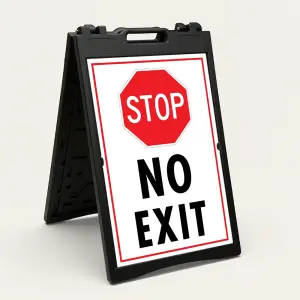 Stop No Exit sign with red STOP symbol and bold black text on white background