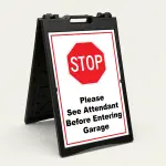 Stop Please See Attendant Before Entering Garage sign with red STOP symbol and black text on white background