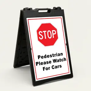 Stop Pedestrian Please Watch for Cars sign with red STOP symbol and black text on white background
