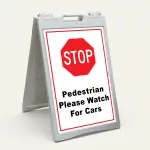 Stop Pedestrian Please Watch for Cars sign with red STOP symbol and black text on white background