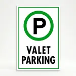 Valet Parking sign with green circle P symbol and bold black text on white background