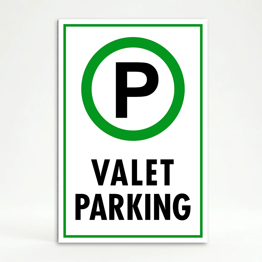 Valet Parking sign with green circle P symbol and bold black text on white background