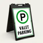 Valet Parking sign with green circle P symbol and bold black text on white background