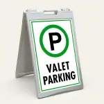 Valet Parking sign with green circle P symbol and bold black text on white background